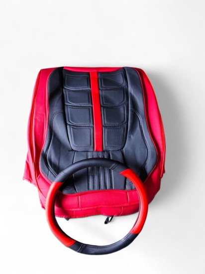 CUBRE ASIENTO + CUBRE VOLANTE KYC ROYAL NEGRO CON ROJO